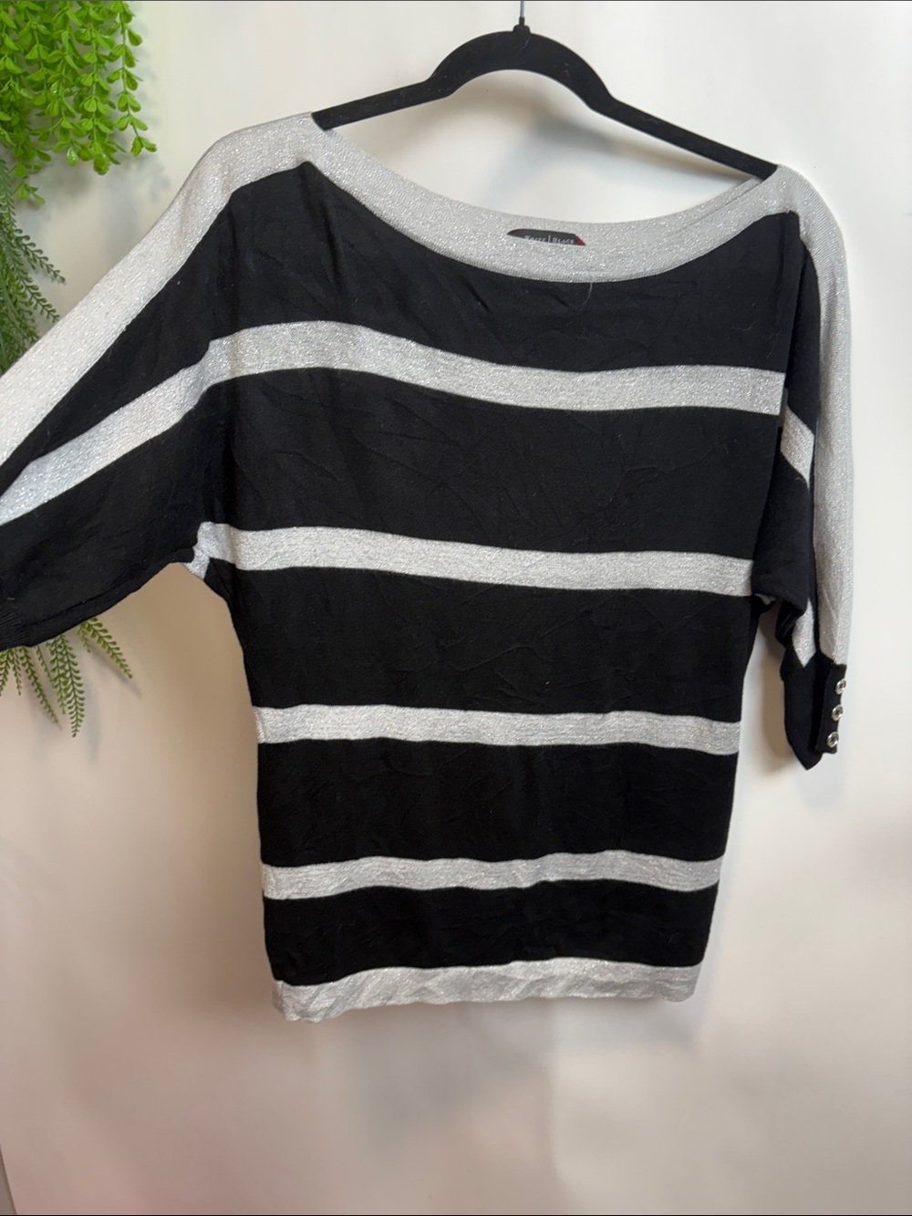 White House Black Market Black and Silver Striped Boatneck Sweater
